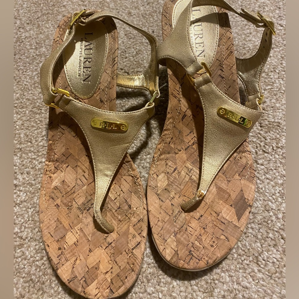 Ralph Lauren Jeannie Polo Gold Toe Post Wedge Sandal Size 7